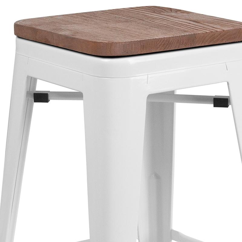 24" High Backless White Metal Counter Height Stool with Square Wood Seat. Picture 2
