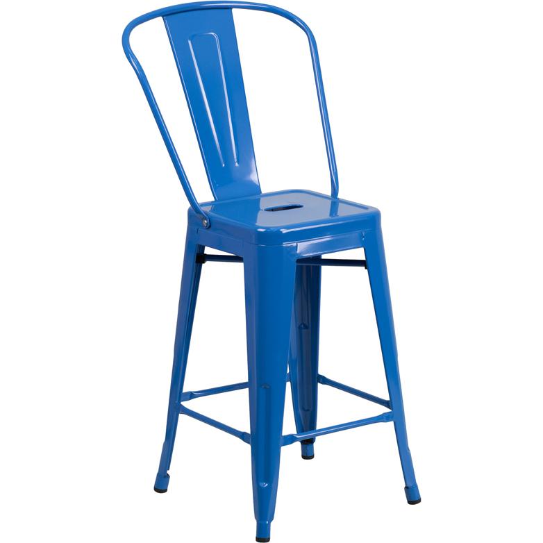 24" High Blue Metal Indoor-Outdoor Counter Height Stool with Removable Back. Picture 1