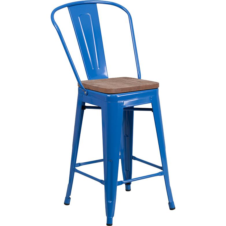 24" High Blue Metal Counter Height Stool with Back and Wood Seat. Picture 1