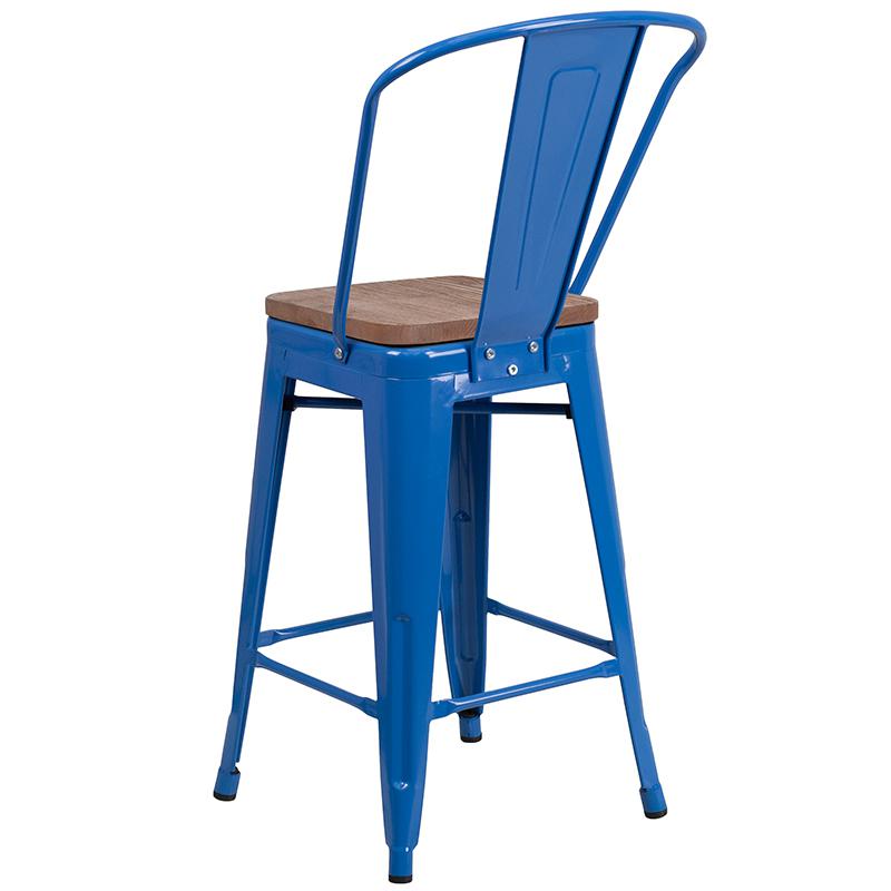 24" High Blue Metal Counter Height Stool with Back and Wood Seat. Picture 3