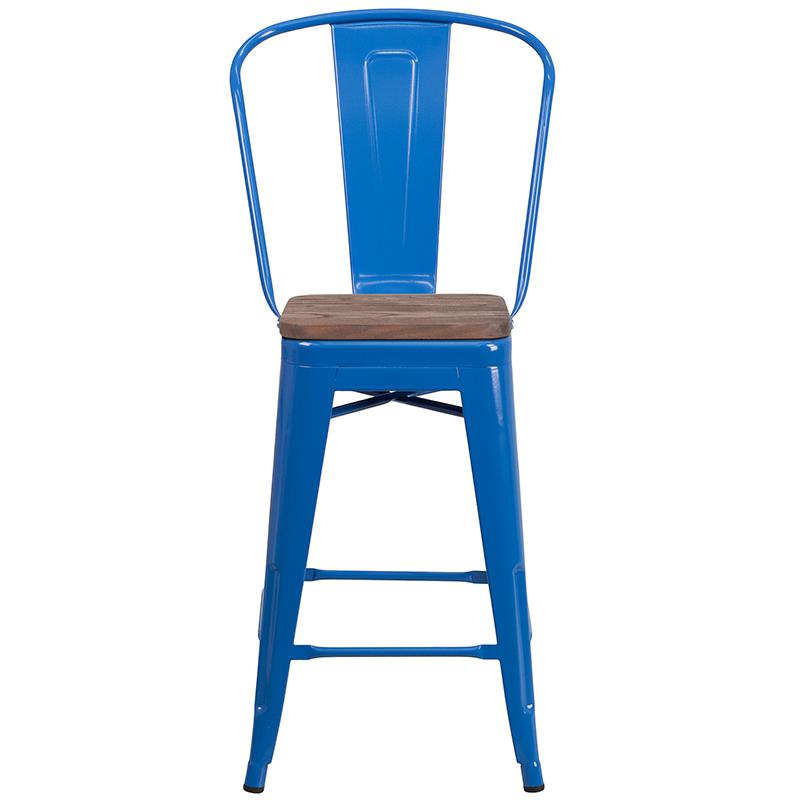 24" High Blue Metal Counter Height Stool with Back and Wood Seat. Picture 4