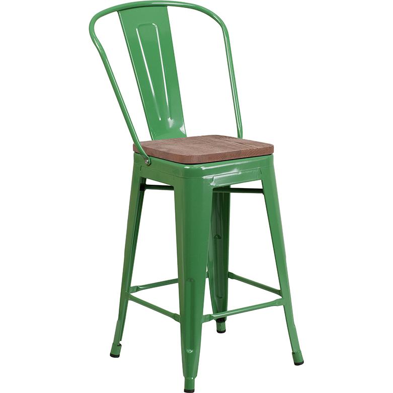 24" High Green Metal Counter Height Stool with Back and Wood Seat. The main picture.
