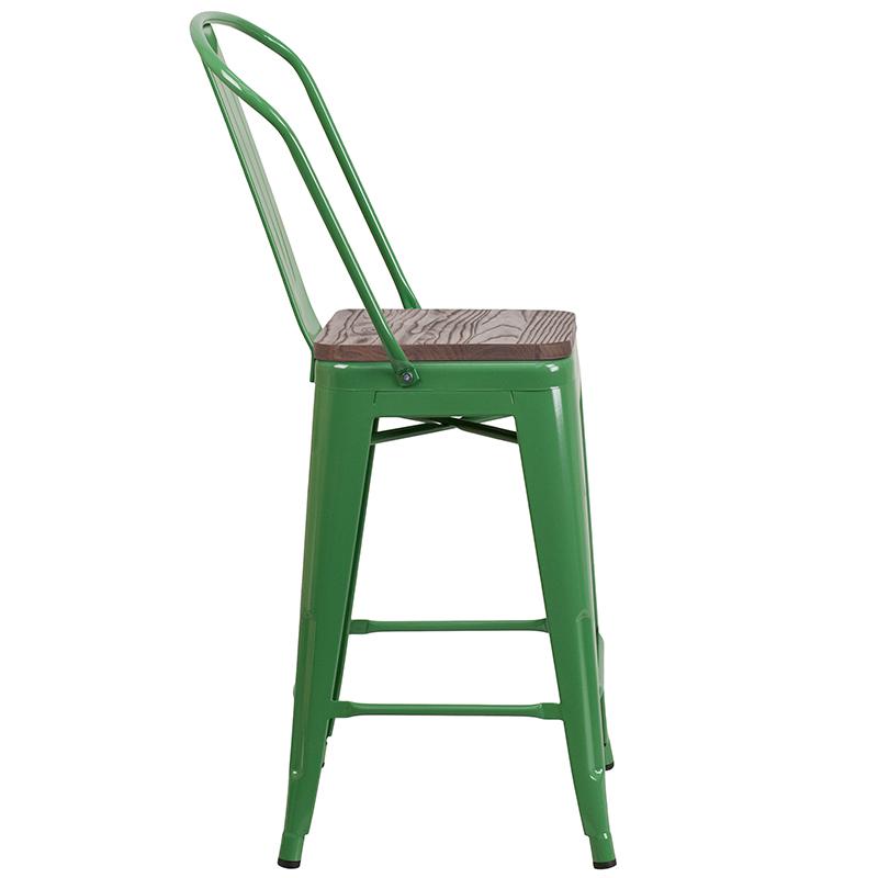 24" High Green Metal Counter Height Stool with Back and Wood Seat. Picture 2