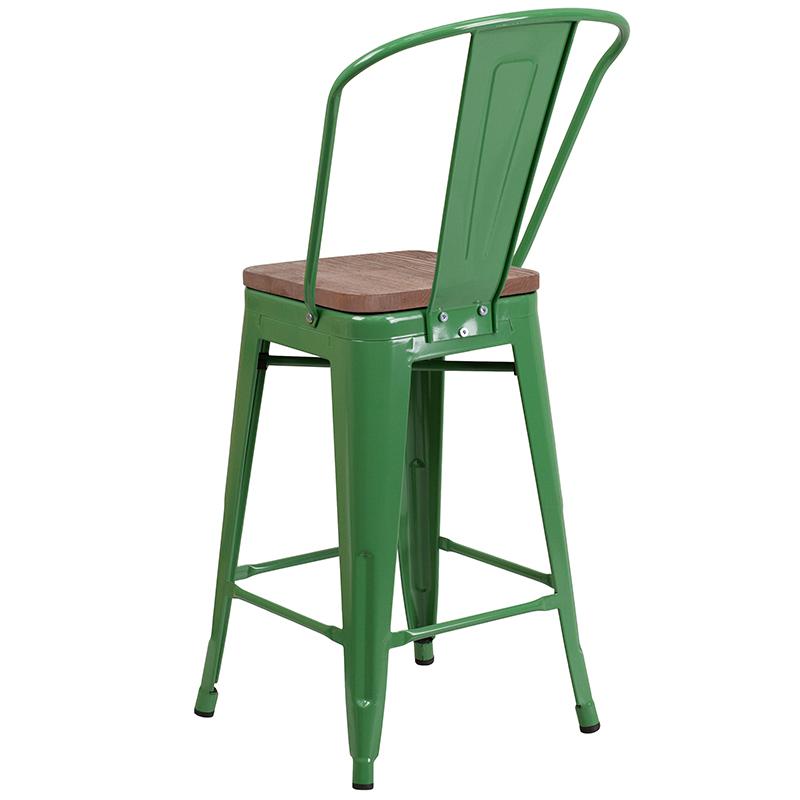 24" High Green Metal Counter Height Stool with Back and Wood Seat. Picture 3