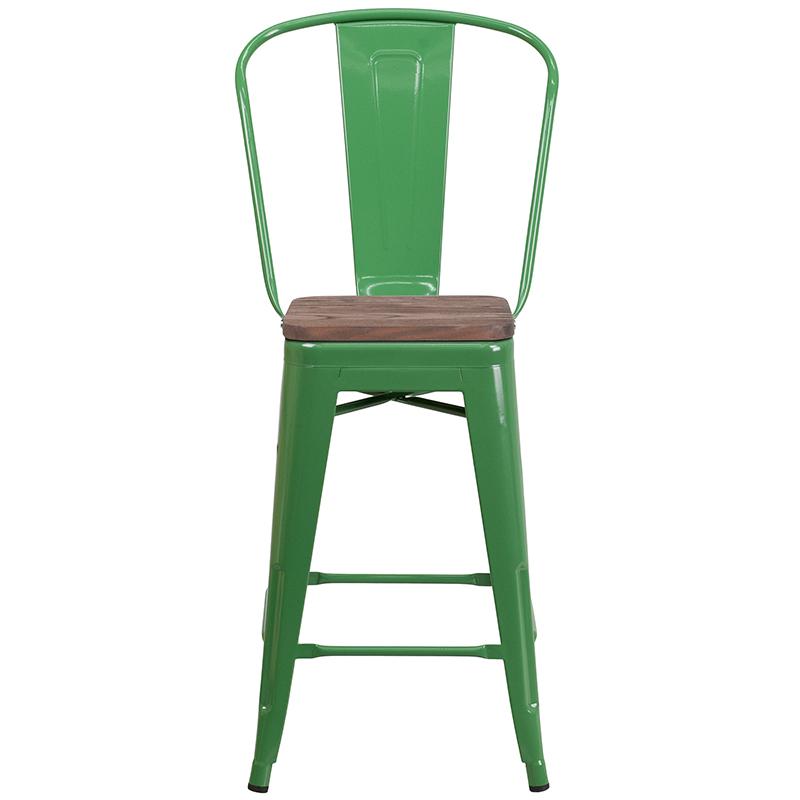 24" High Green Metal Counter Height Stool with Back and Wood Seat. Picture 4