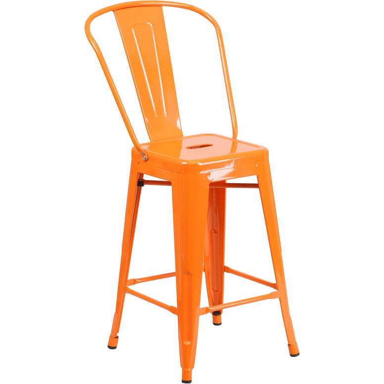 24" High Orange Metal Indoor-Outdoor Counter Height Stool with Removable Back. Picture 1