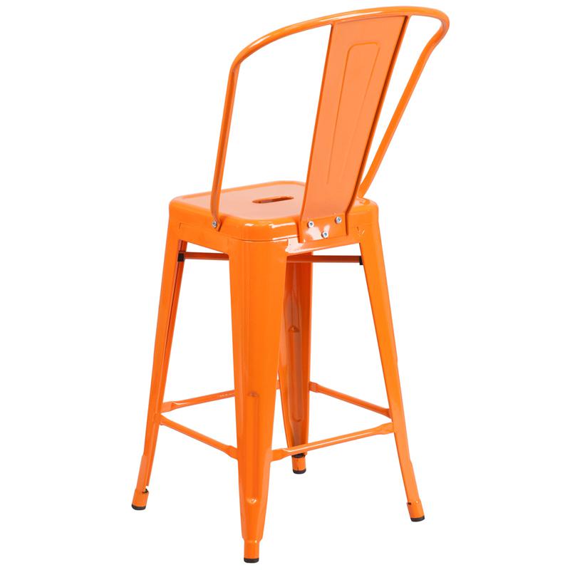 24" High Orange Metal Indoor-Outdoor Counter Height Stool with Removable Back. Picture 3