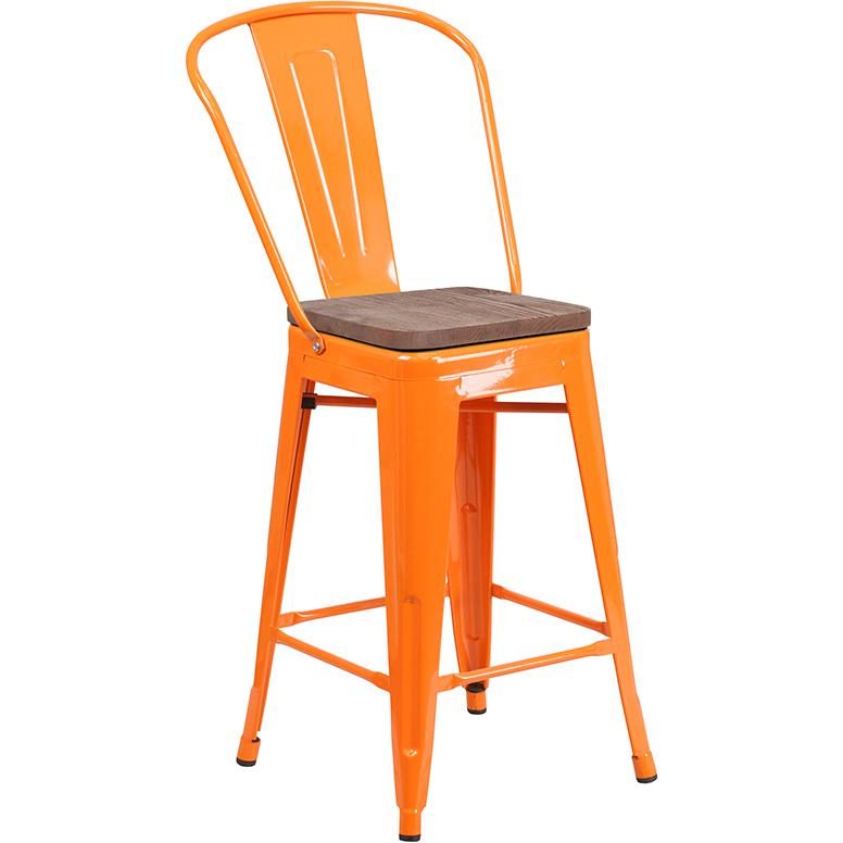 24" High Orange Metal Counter Height Stool with Back and Wood Seat. Picture 1