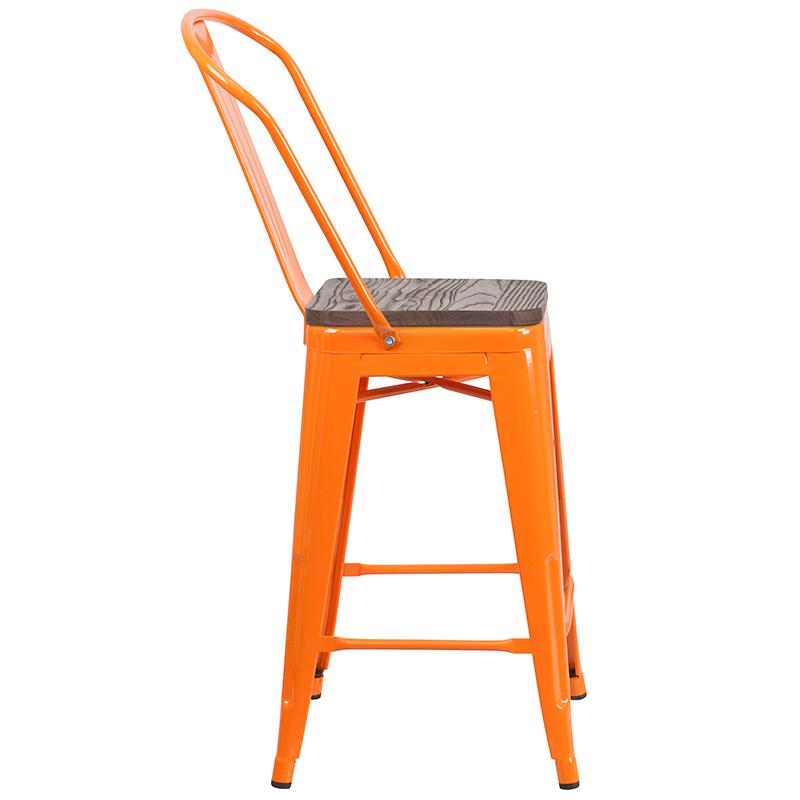 24" High Orange Metal Counter Height Stool with Back and Wood Seat. Picture 2
