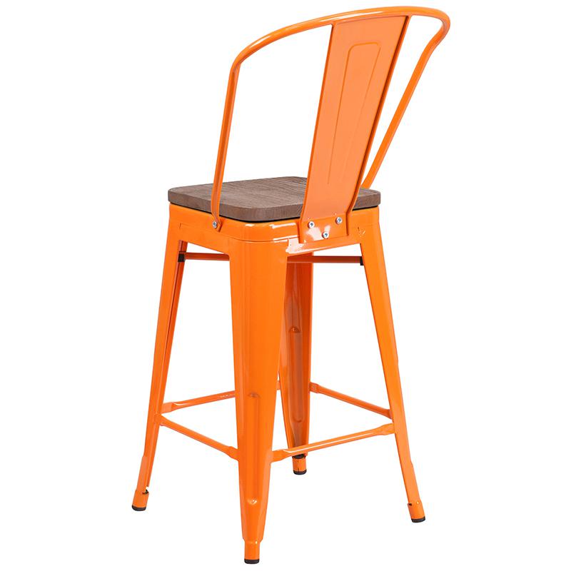 24" High Orange Metal Counter Height Stool with Back and Wood Seat. Picture 3