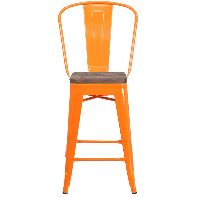 24" High Orange Metal Counter Height Stool with Back and Wood Seat. Picture 4