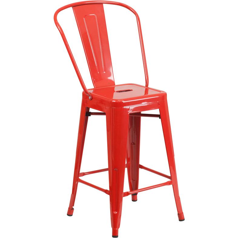 24" High Red Metal Indoor-Outdoor Counter Height Stool with Removable Back. Picture 1