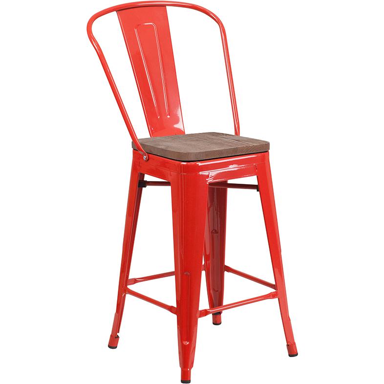 24" High Red Metal Counter Height Stool with Back and Wood Seat. The main picture.