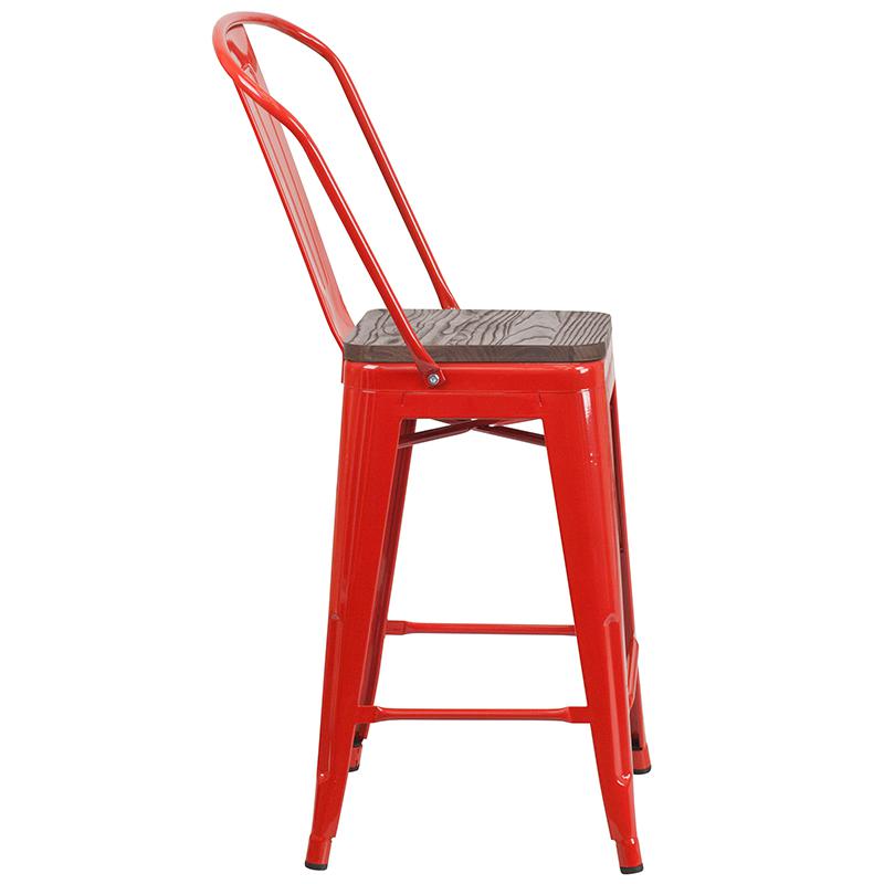 24" High Red Metal Counter Height Stool with Back and Wood Seat. Picture 2