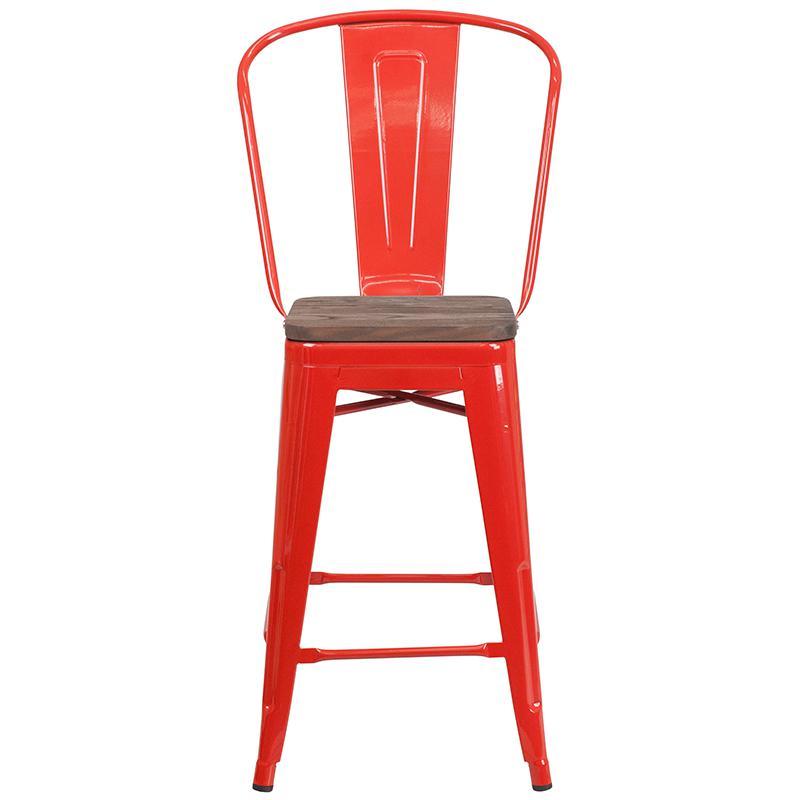 24" High Red Metal Counter Height Stool with Back and Wood Seat. Picture 4