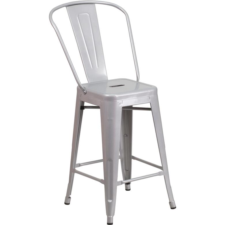 Commercial Grade 24" High Silver Metal Indoor-Outdoor Counter Height Stool with Removable Back. Picture 1