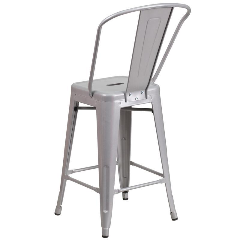 24" High Silver Metal Indoor-Outdoor Counter Height Stool with Removable Back. Picture 3