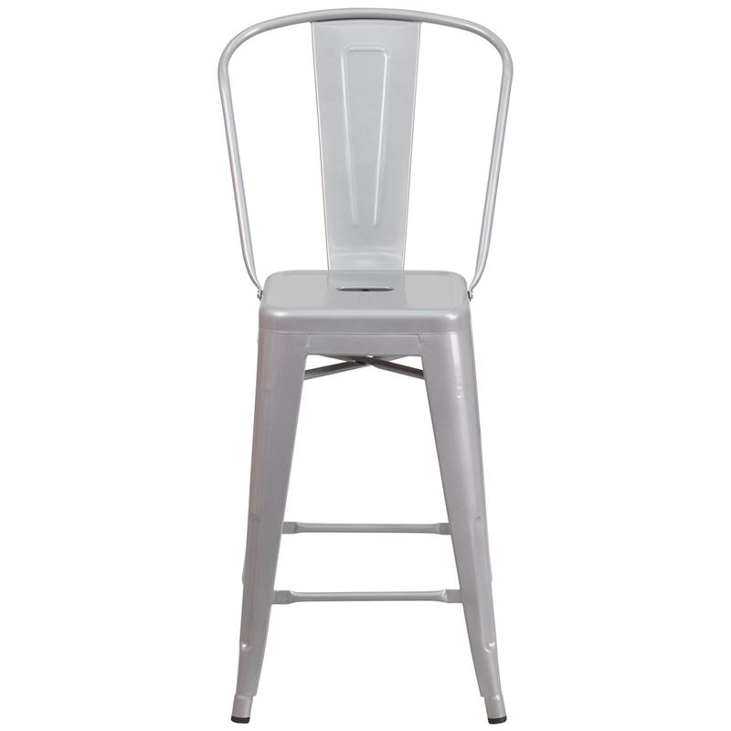 Commercial Grade 24" High Silver Metal Indoor-Outdoor Counter Height Stool with Removable Back. Picture 4