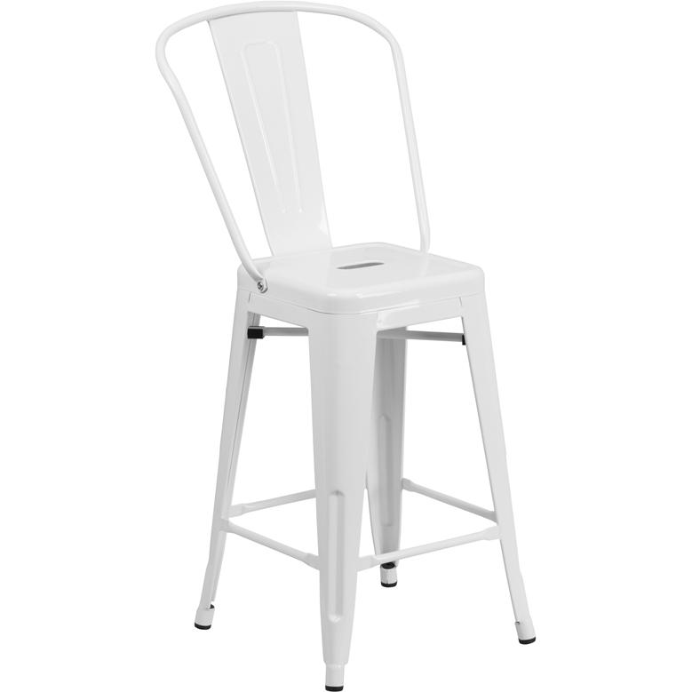 Commercial Grade 24" High White Metal Indoor-Outdoor Counter Height Stool with Removable Back. Picture 1