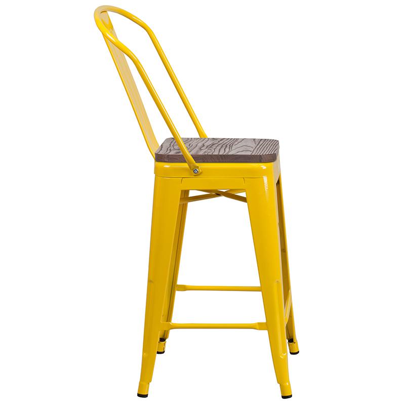 24" High Yellow Metal Counter Height Stool with Back and Wood Seat. Picture 2