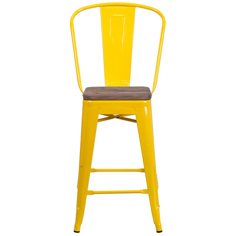 24" High Yellow Metal Counter Height Stool with Back and Wood Seat. Picture 4