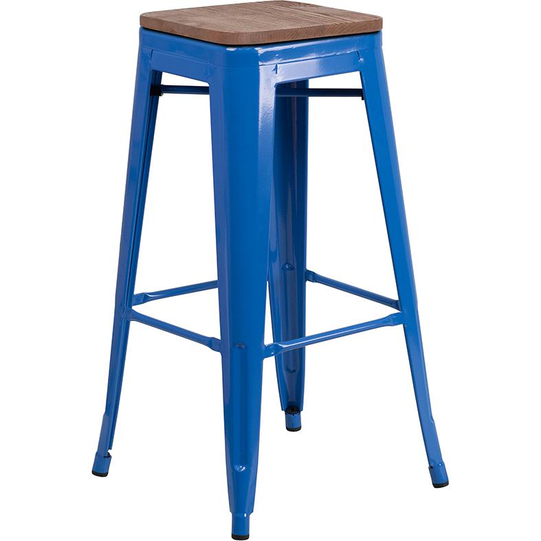 30" High Backless Blue Metal Barstool with Square Wood Seat. Picture 1