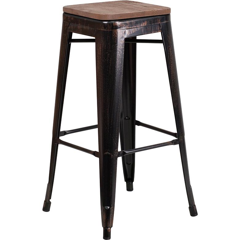 30" High Backless Black-Antique Gold Metal Barstool with Square Wood Seat. Picture 1