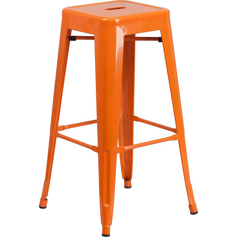 30" High Backless Orange Metal Indoor-Outdoor Barstool with Square Seat. Picture 1