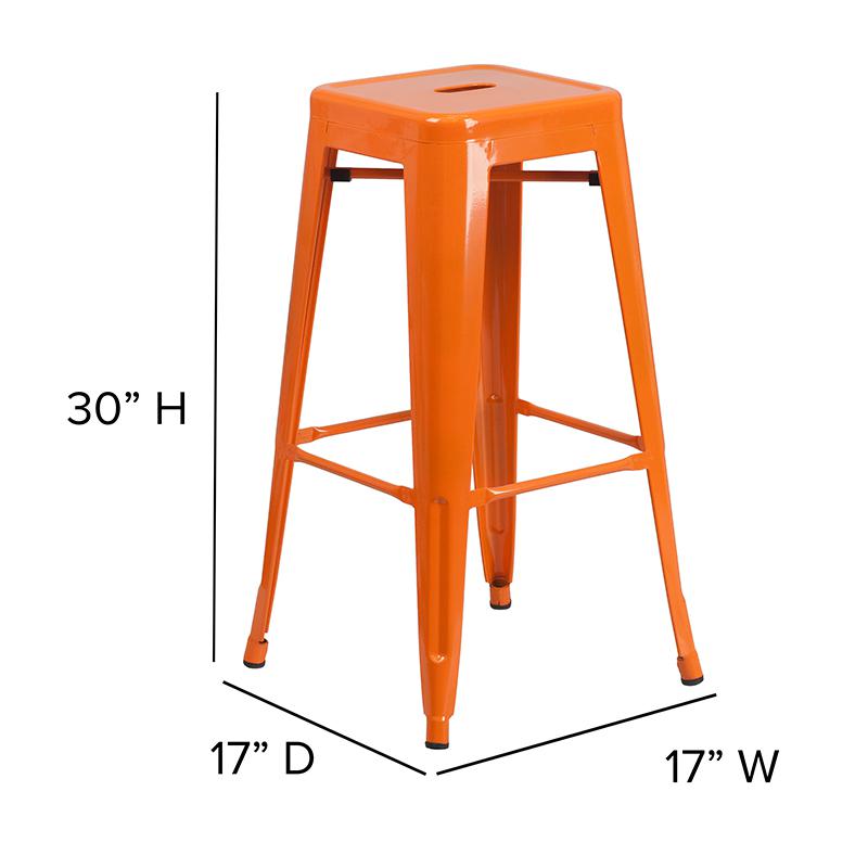 30" High Backless Orange Metal Indoor-Outdoor Barstool with Square Seat. Picture 3
