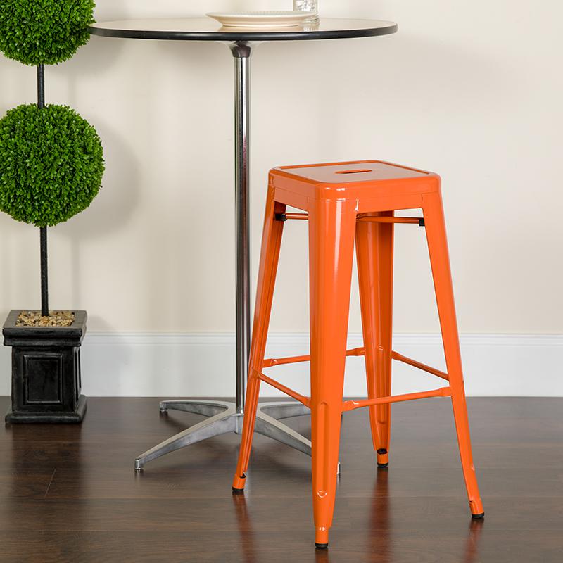30" High Backless Orange Metal Indoor-Outdoor Barstool with Square Seat. Picture 4
