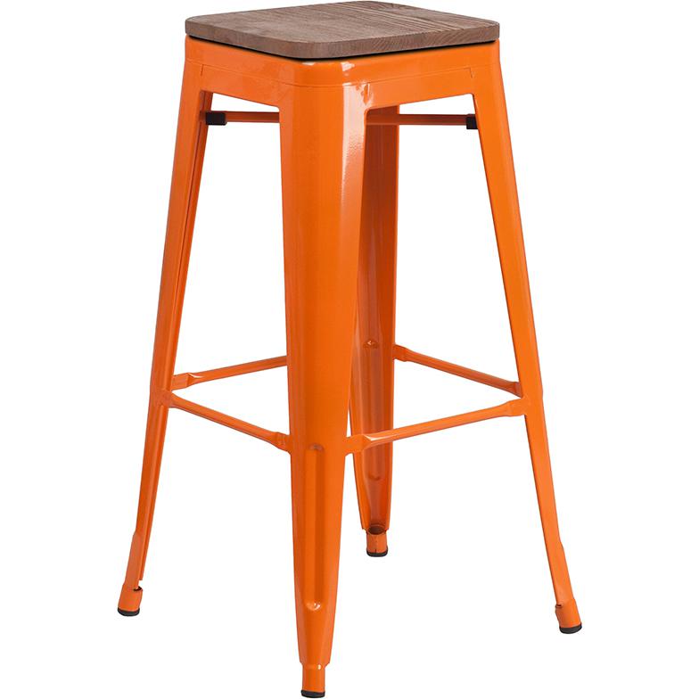 30" High Backless Orange Metal Barstool with Square Wood Seat. Picture 1