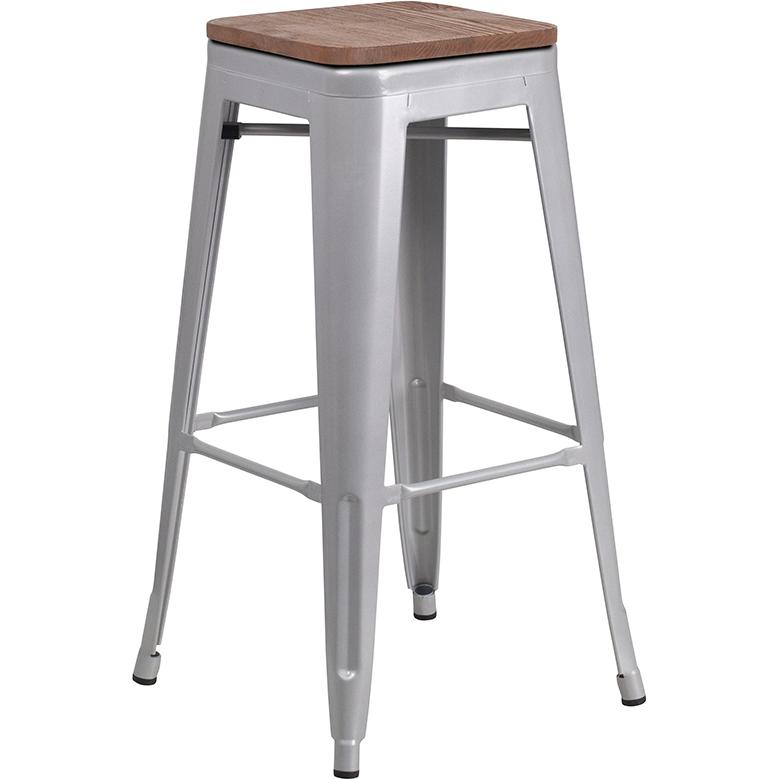 30" High Backless Silver Metal Barstool with Square Wood Seat. The main picture.