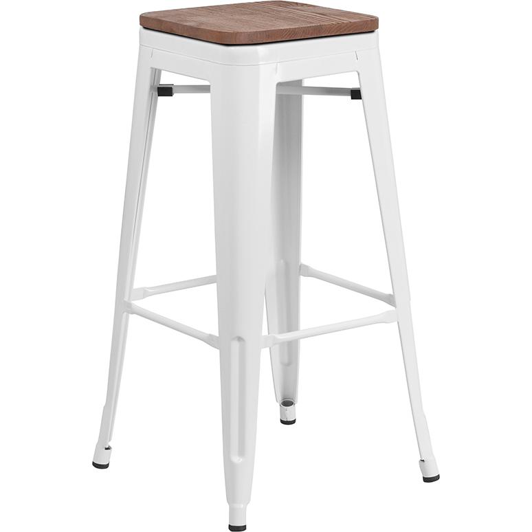 30" High Backless White Metal Barstool with Square Wood Seat. The main picture.
