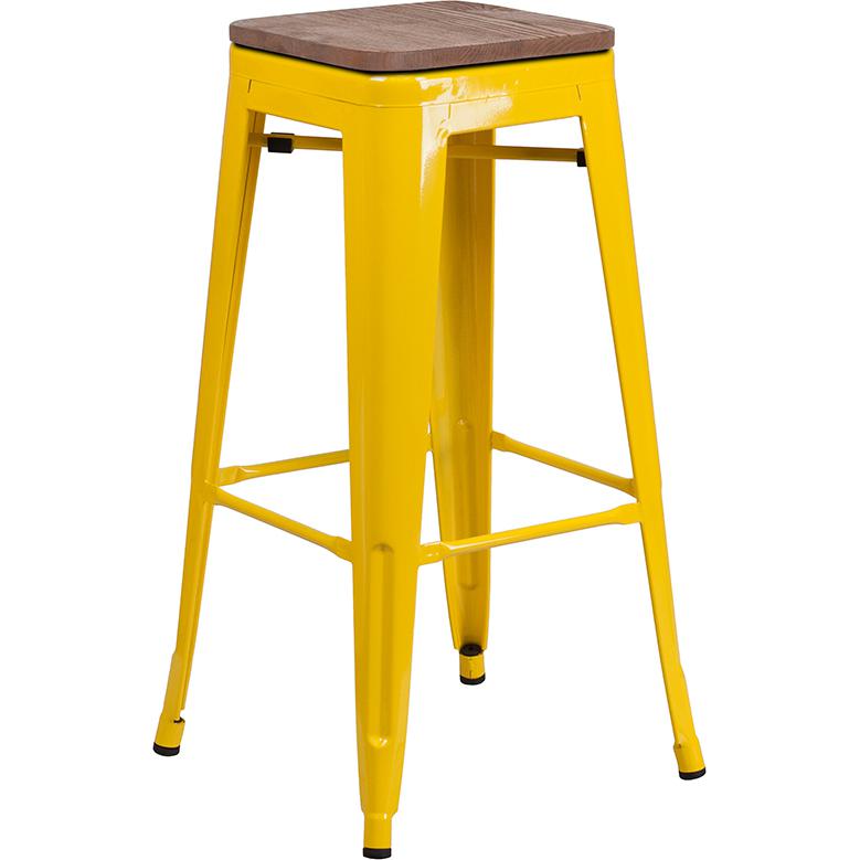 30" High Backless Yellow Metal Barstool with Square Wood Seat. Picture 1