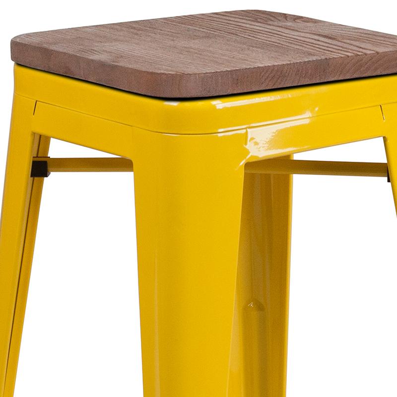 30" High Backless Yellow Metal Barstool with Square Wood Seat. Picture 2