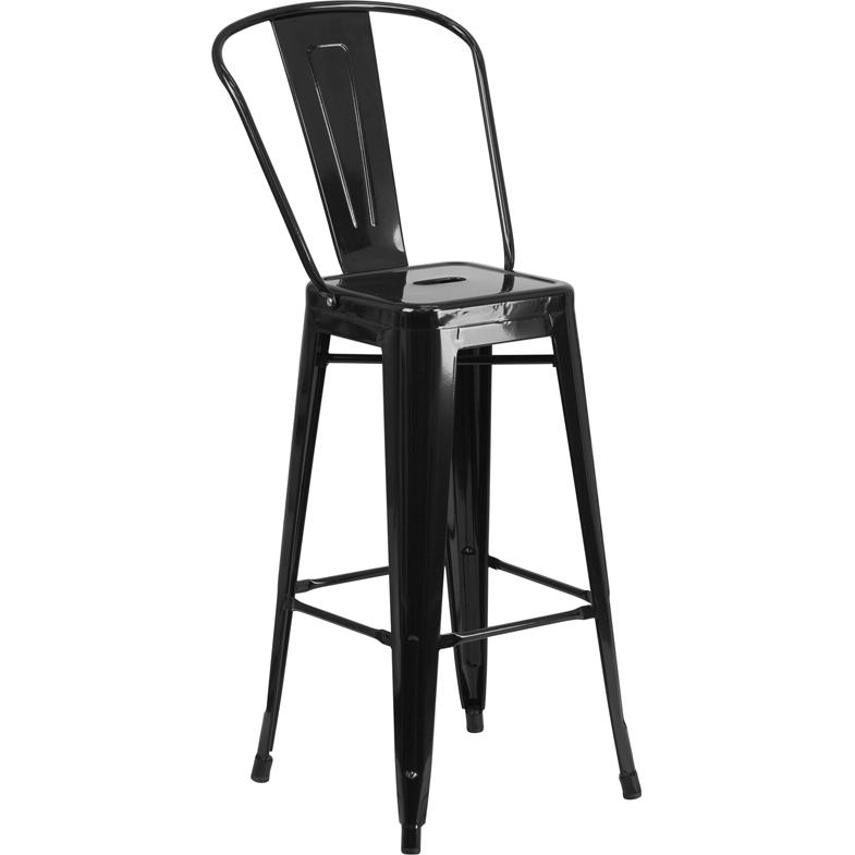 Commercial Grade 30" High Black Metal Indoor-Outdoor Barstool with Removable Back. The main picture.