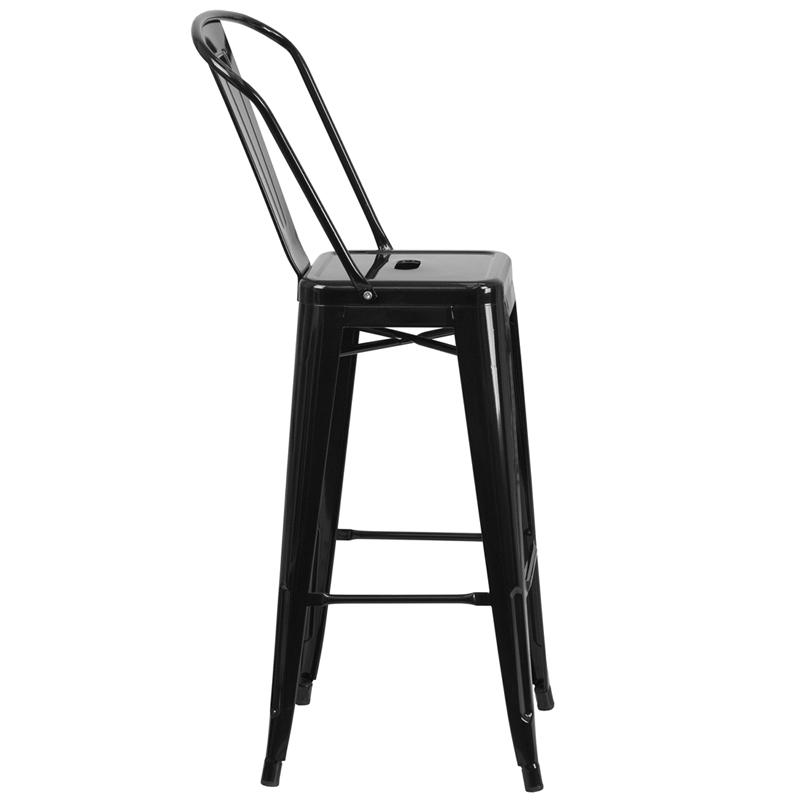 Commercial Grade 30" High Black Metal Indoor-Outdoor Barstool with Removable Back. Picture 2