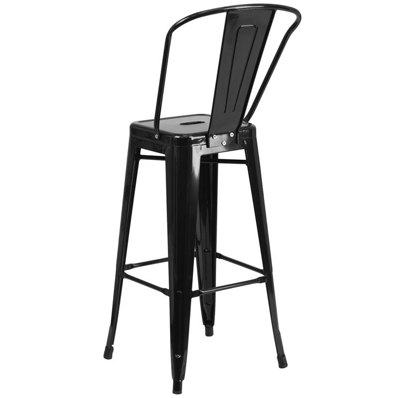 Commercial Grade 30" High Black Metal Indoor-Outdoor Barstool with Removable Back. Picture 3