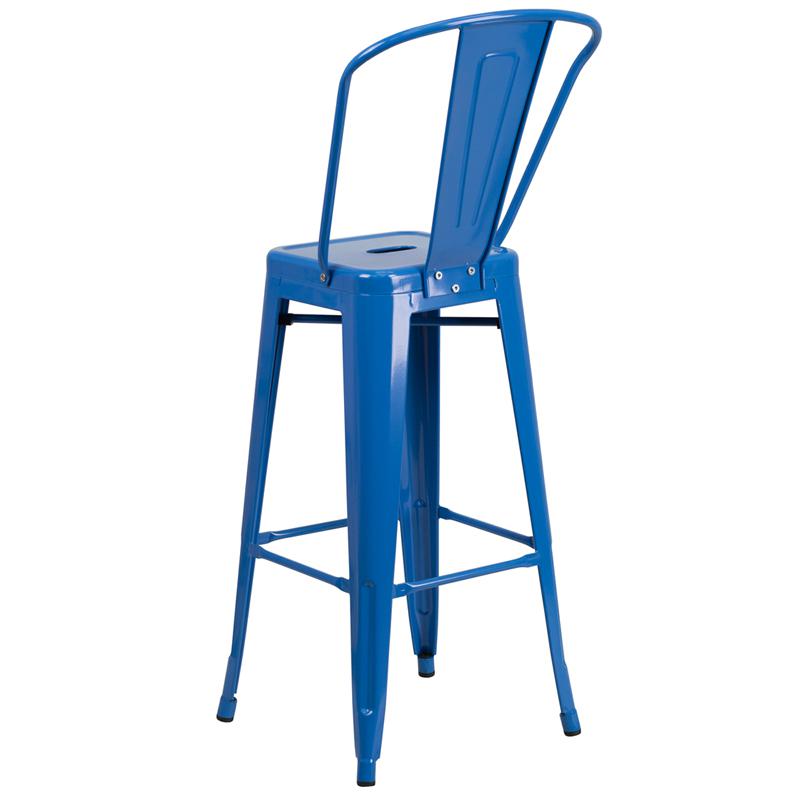 Commercial Grade 30" High Blue Metal Indoor-Outdoor Barstool with Removable Back. Picture 3