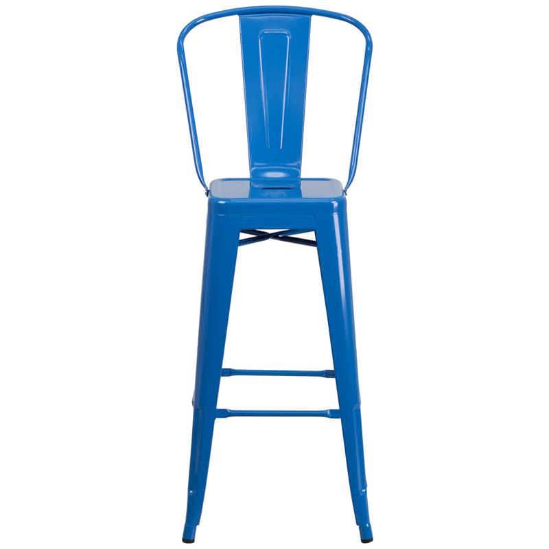 Commercial Grade 30" High Blue Metal Indoor-Outdoor Barstool with Removable Back. Picture 4