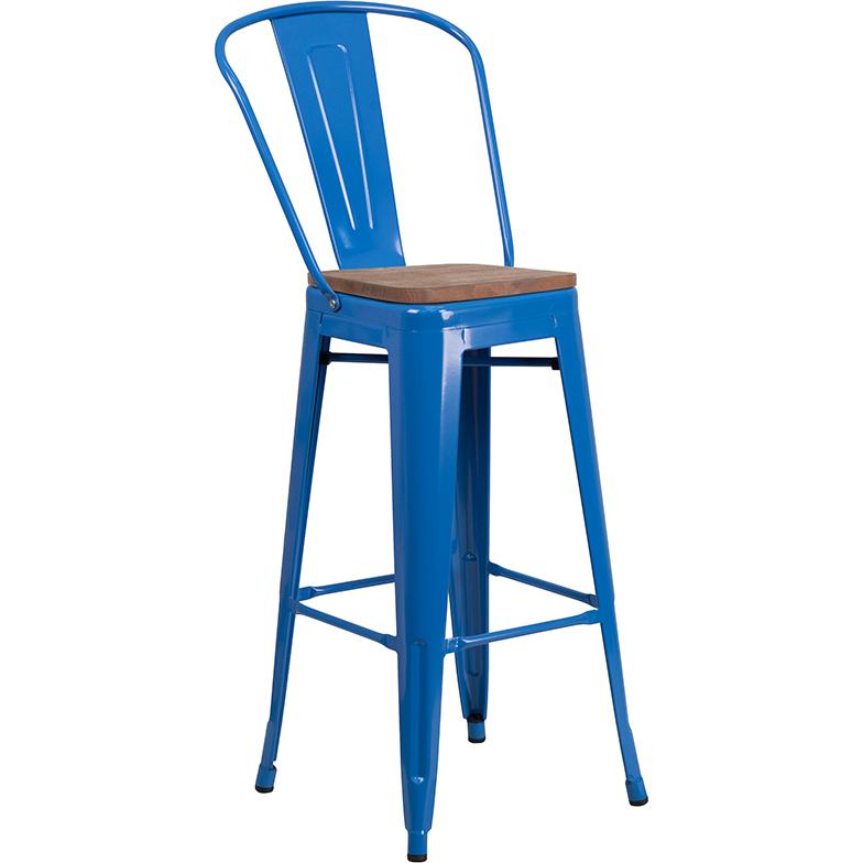 30" High Blue Metal Barstool with Back and Wood Seat. Picture 1