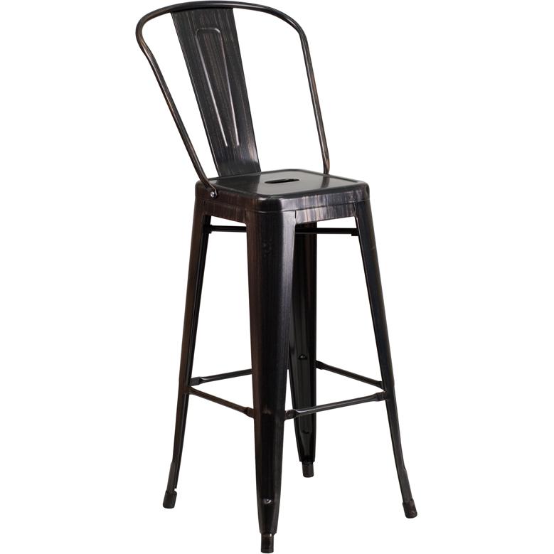 Commercial Grade 30" High Black-Antique Gold Metal Indoor-Outdoor Barstool with Removable Back. Picture 1