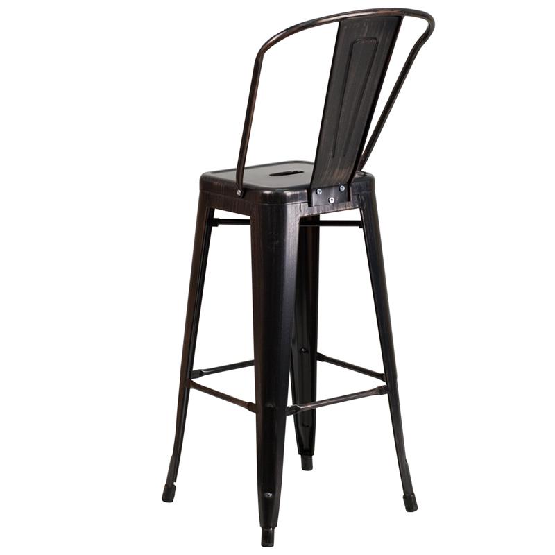 Commercial Grade 30" High Black-Antique Gold Metal Indoor-Outdoor Barstool with Removable Back. Picture 3