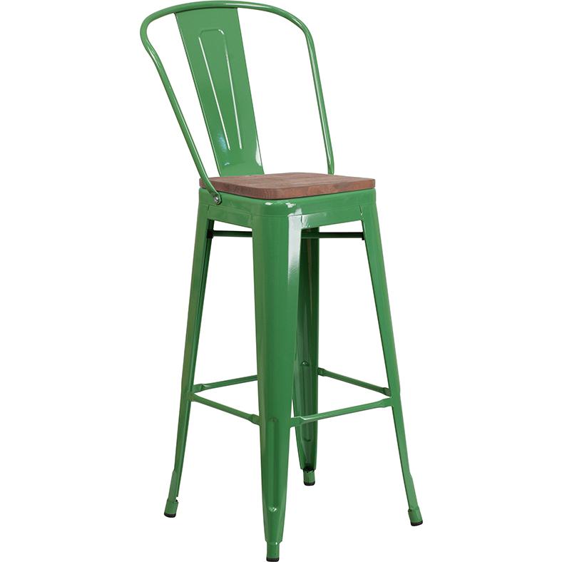30" High Green Metal Barstool with Back and Wood Seat. Picture 1