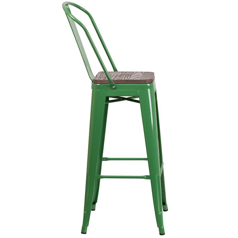 30" High Green Metal Barstool with Back and Wood Seat. Picture 2