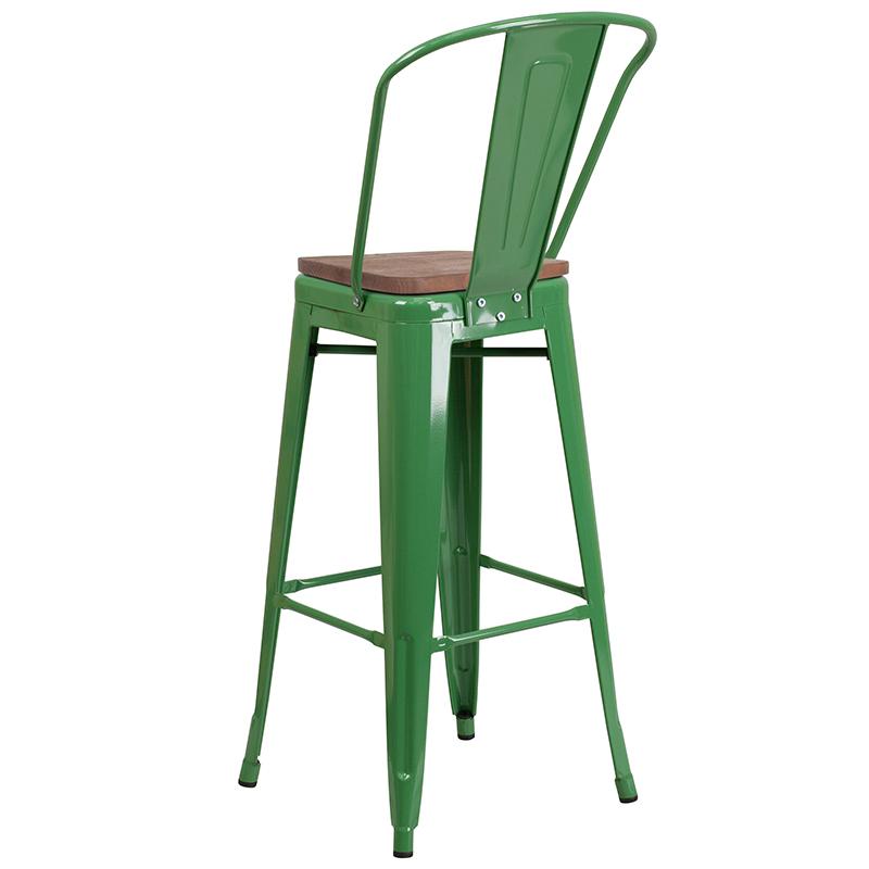 30" High Green Metal Barstool with Back and Wood Seat. Picture 3