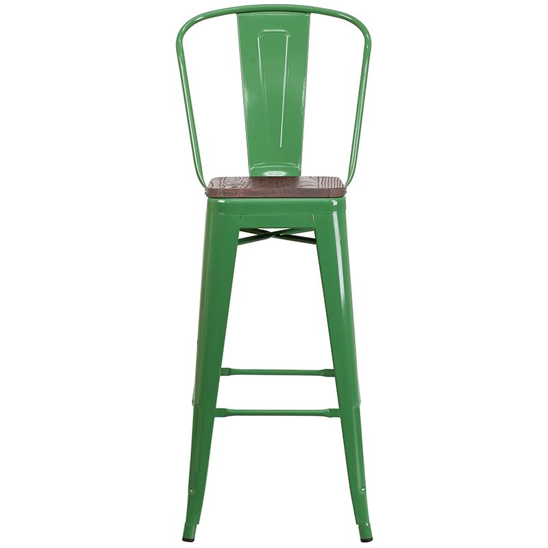 30" High Green Metal Barstool with Back and Wood Seat. Picture 4