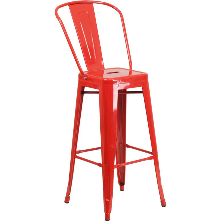 30" High Red Metal Indoor-Outdoor Barstool with Removable Back. Picture 1