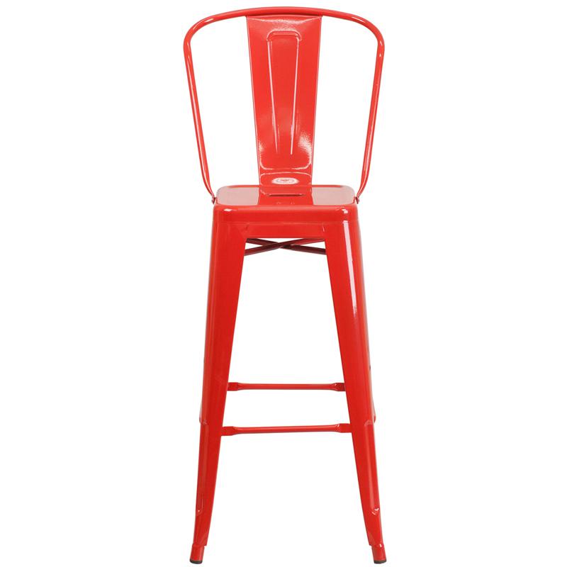 30" High Red Metal Indoor-Outdoor Barstool with Removable Back. Picture 4