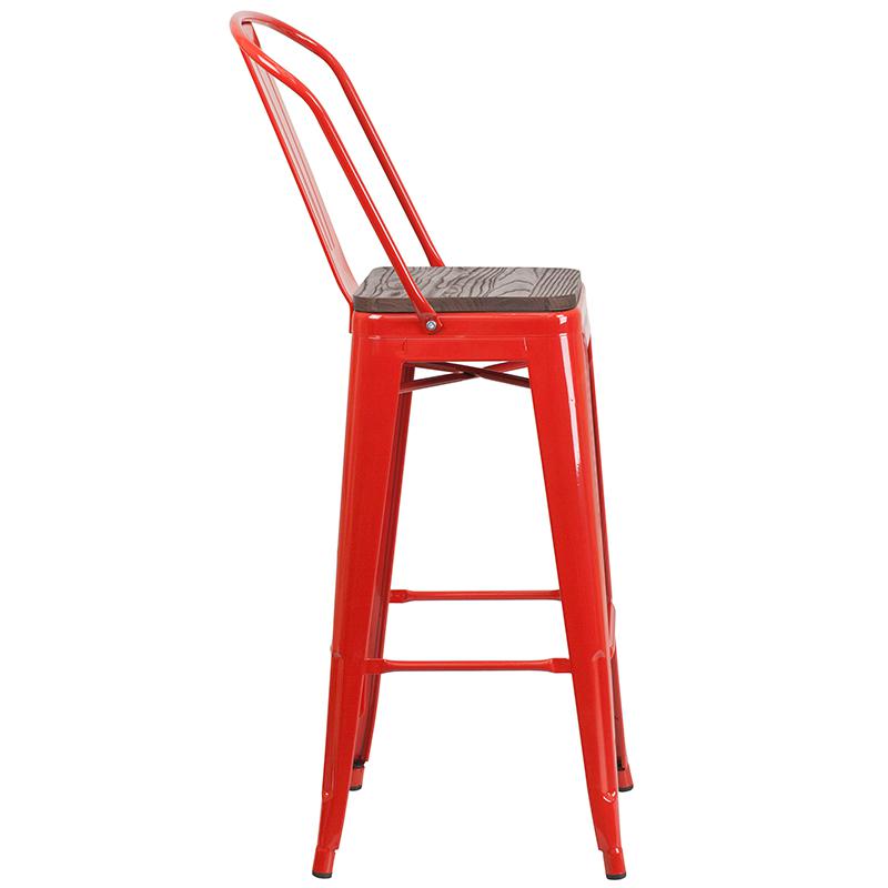 30" High Red Metal Barstool with Back and Wood Seat. Picture 2